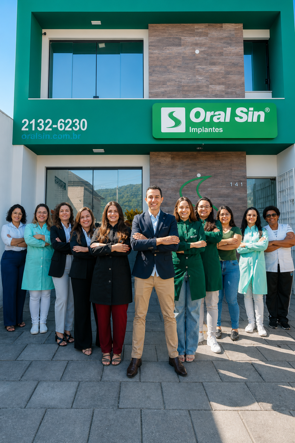 Fachada da Oral Sin São Sebastião com a equipe completa em frente à clínica